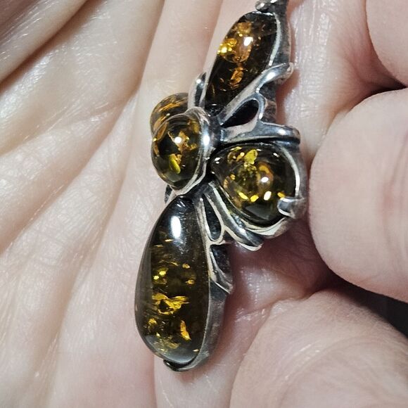 VINTAGE STERLING SILVER AMBER CROSS PENDANT NECKLACE YELLOW GOLDEN - Picture 3 of 15